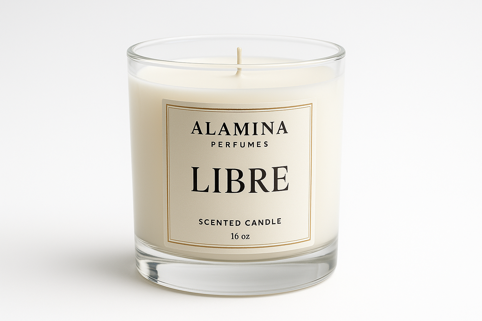 16oz scented candle name Libre with Alamina Perfumes label above the name "Libre"