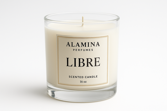 16oz scented candle name Libre with Alamina Perfumes label above the name "Libre"