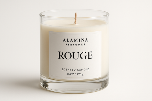 16oz scented candle name Rouge with Alamina Perfumes label above the name