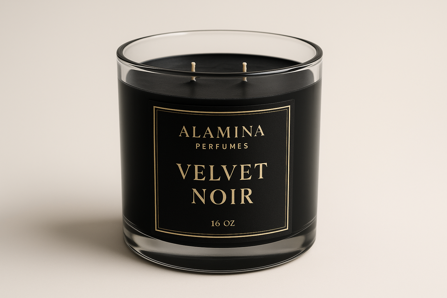 16oz scented candle name Velvet Noir with Alamina Perfumes label above the name