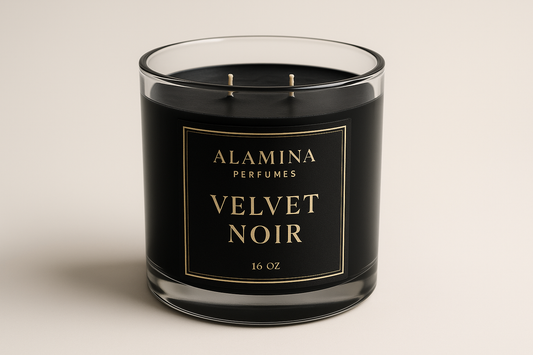 16oz scented candle name Velvet Noir with Alamina Perfumes label above the name