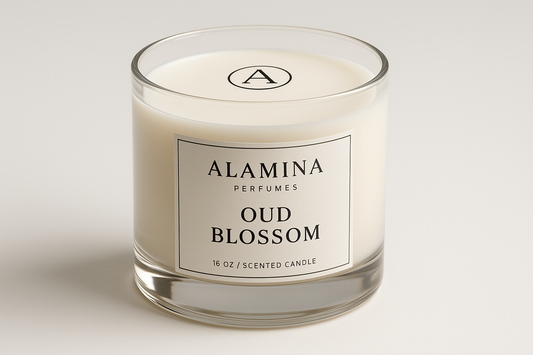 16oz scented candle named Oud Blossom with Alamina Perfumes logo on top