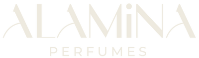 ALAMINA PERFUMES logo in beige on a white background