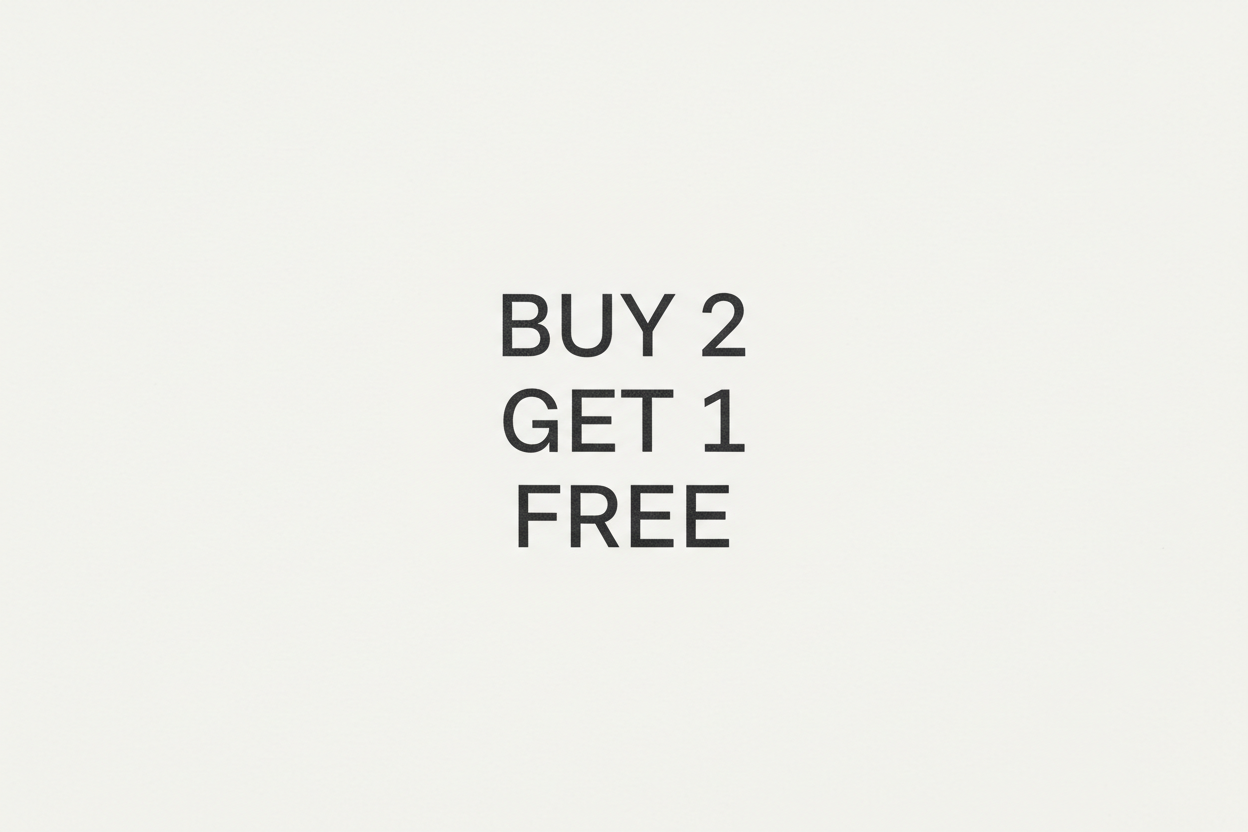 BUY 2 GET 1 FREE, in three lines, zoomed out, clean and minimal design with no images