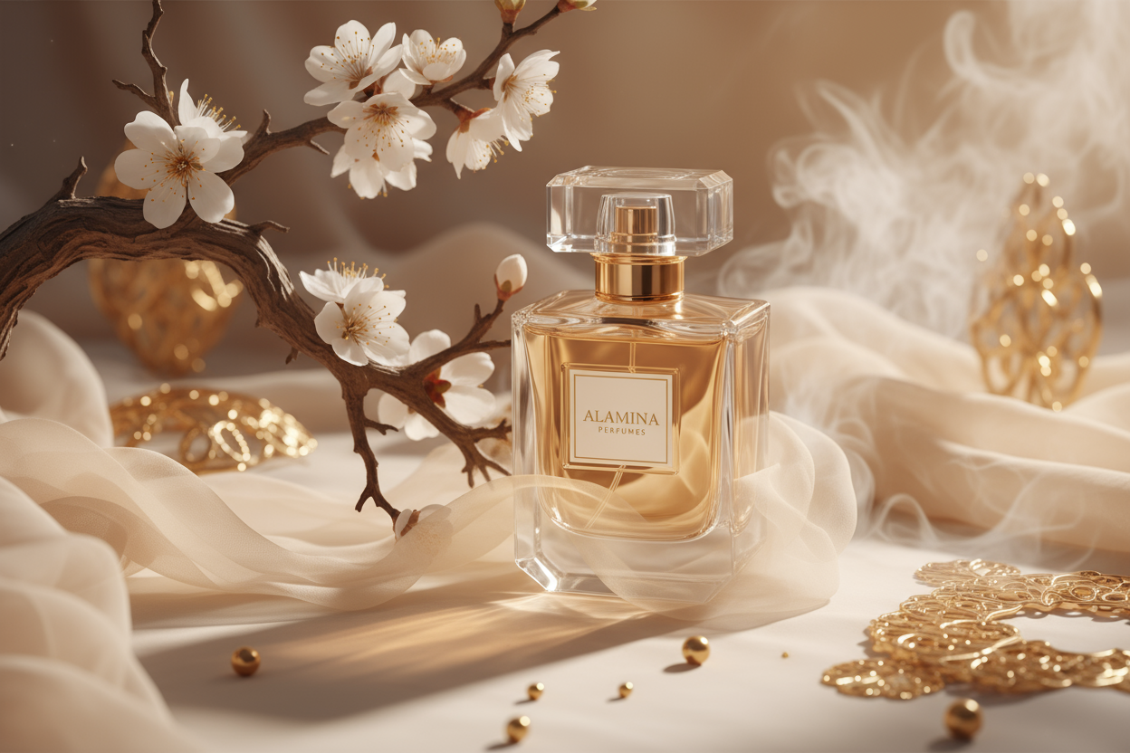Perfume bottle, Close up view of a large brown tree branch with several white flowers warm inviting tones, partially hidden behind veil of mist, delicate fabric, mystery, warm beige tones, gold accents, luxurious setting, warm lighting, elegant fragrance poster, softly blurred background with Alamina Perfumes label, Ariel font